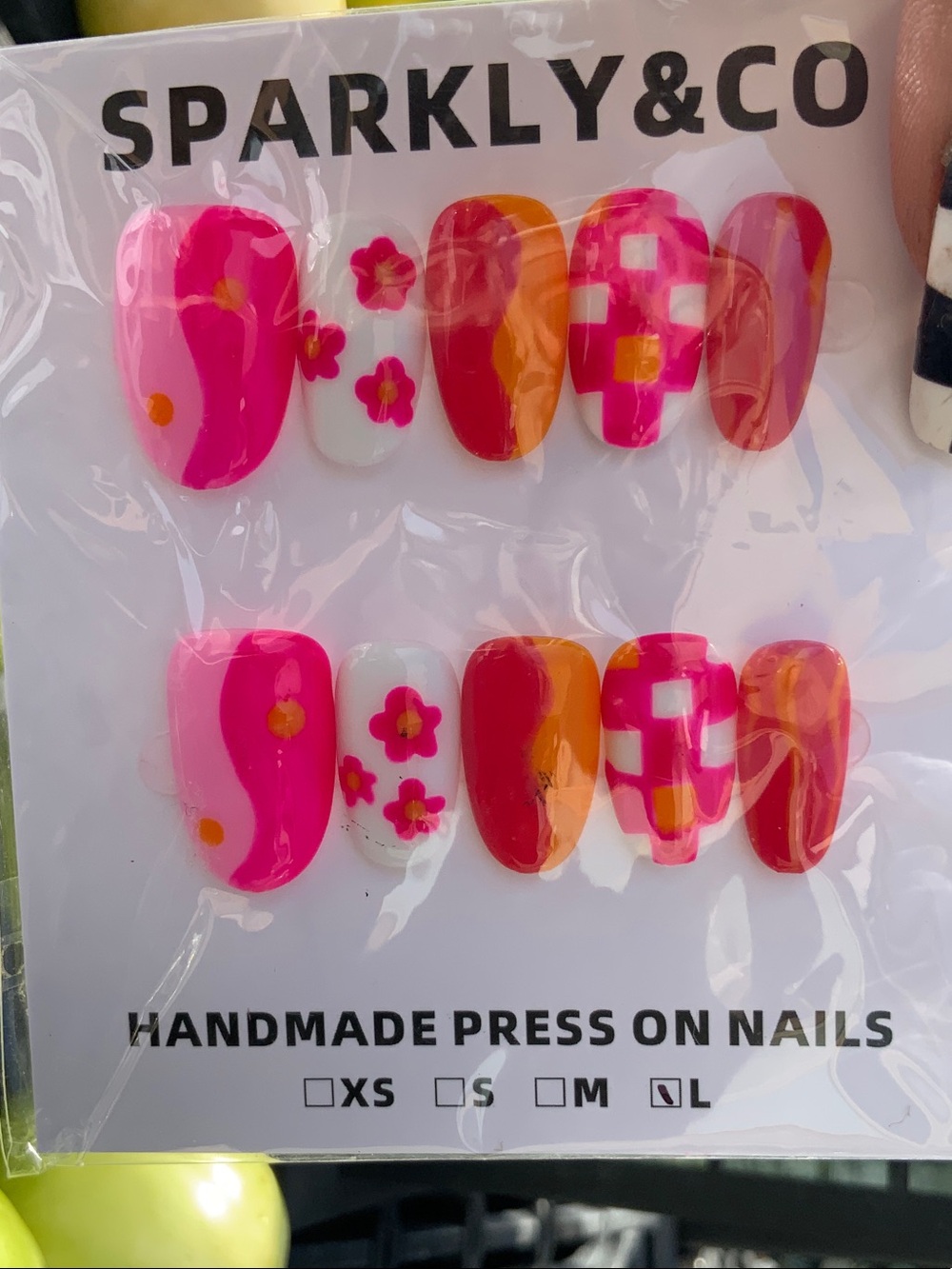 Sparkly &Co Pink and Orange Floral & Check Press-On Nails